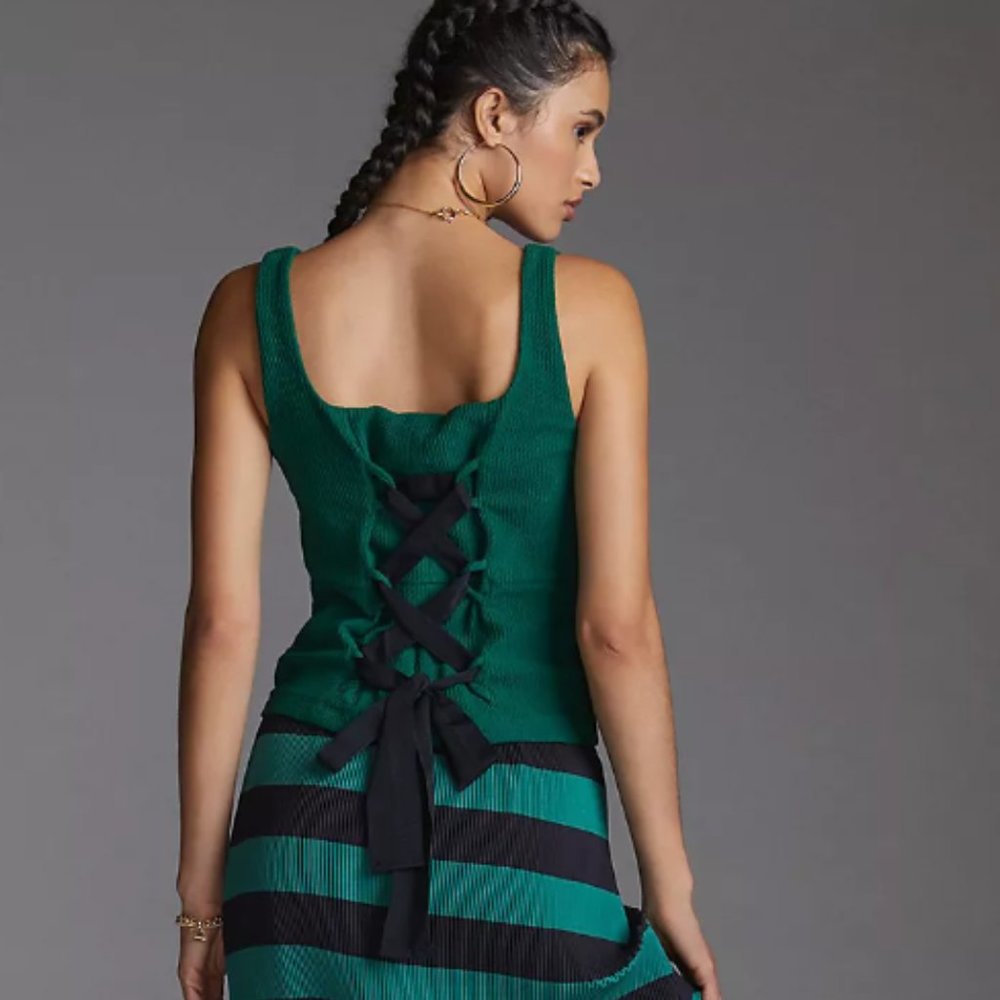Anthropologie Maeve Corset Back Tank / Holly-Green NWT